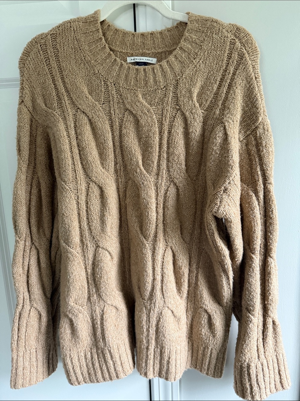 American Eagle Outfitters Cable Knit Crewneck Sweater in Camel/Tan